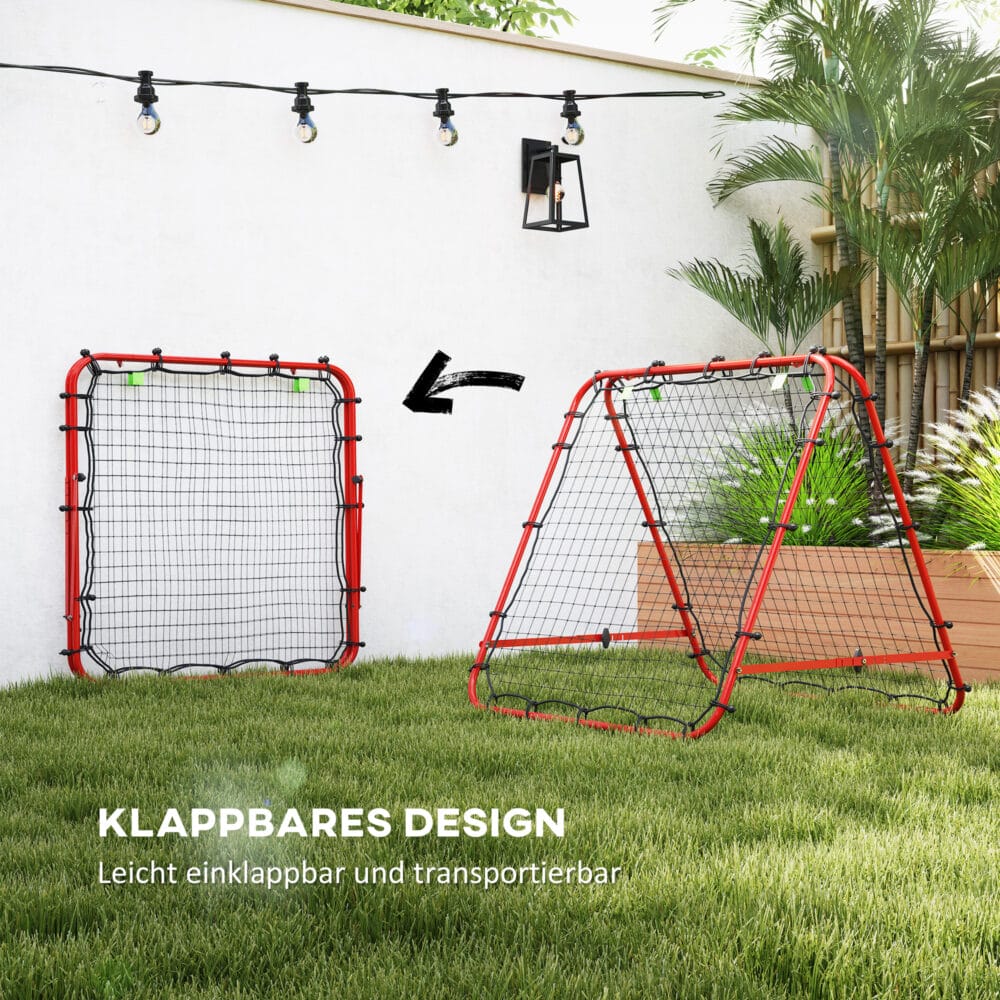 Roter solider Fussball Rebounder aus Stahl mit 5 einstellbaren Rückprallstufen, perfekt für individuelles oder Mannschaftstraining.