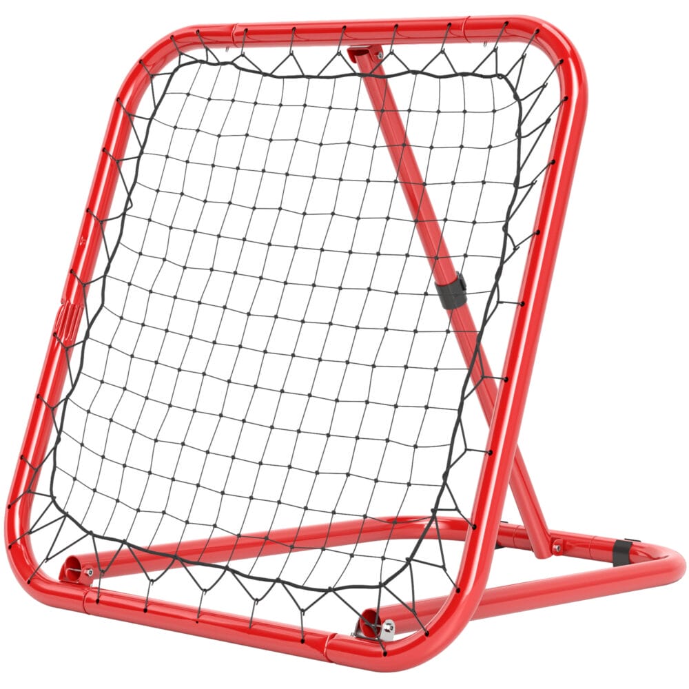 Roter klappbarer Fussball Rebounder, auch für Baseball geeignet, 63x63cm gross, bietet vielseitige Trainingsmöglichkeiten.