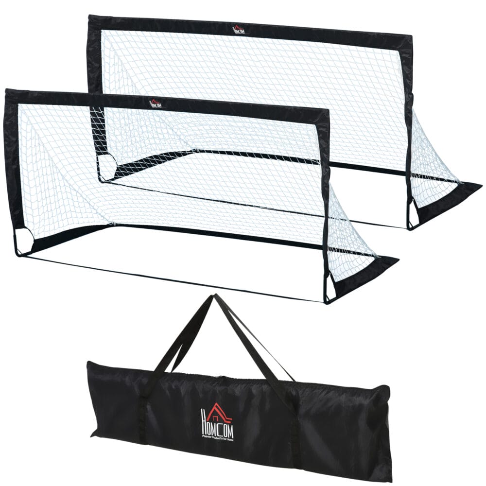 Schwarzes 2er-Set faltbarer Fussballtore aus robustem Stahl, perfekt für Training und Spiel im Garten oder auf dem Sportplatz.