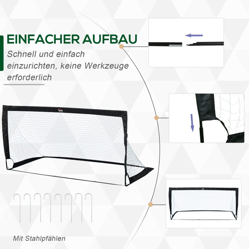 Schwarzes 2er-Set faltbarer Fussballtore aus robustem Stahl, perfekt für Training und Spiel im Garten oder auf dem Sportplatz.