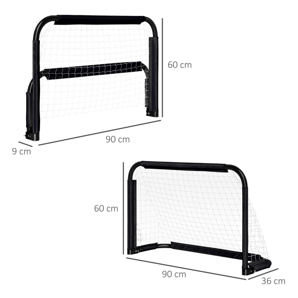 Schwarzes 2er-Set klappbarer Fussballtore mit stabilem Metallrahmen, 90x36x60cm, ideal für den Garten und einfache Lagerung.
