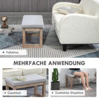 Eine graue Fussbank und Polsterhocker mit Holzbeinen.