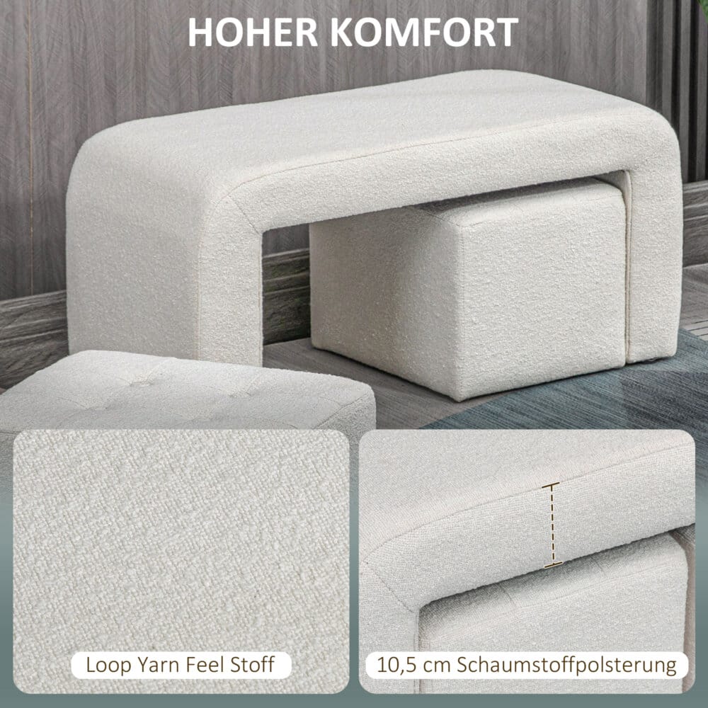 Ein 3-teiliger Fusshocker und Polsterhocker in Weiss.