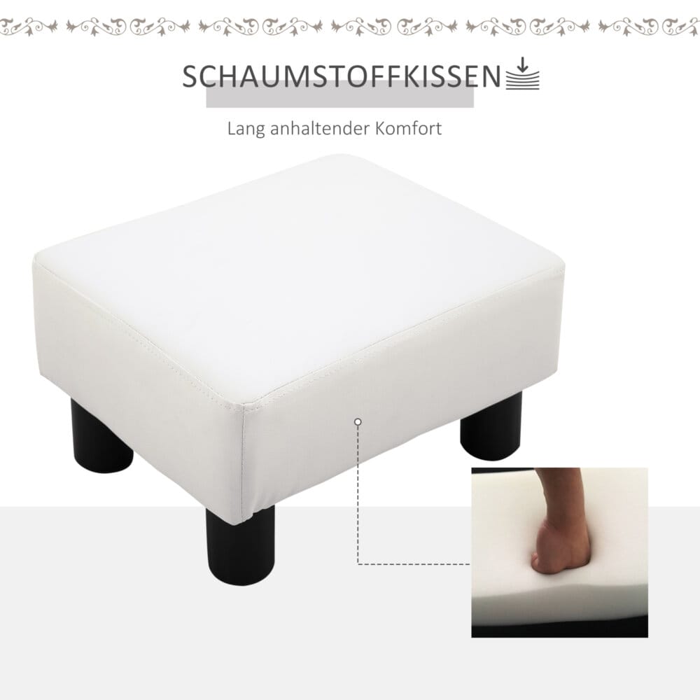 Ein weisser Chesterfield Fusshocker aus Kunstleder, Maße 40x30x24cm.