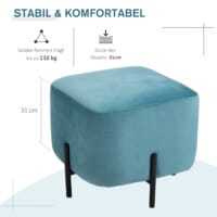 Ein türkisfarbener, gepolsterter Fusshocker mit Stahlrahmen.