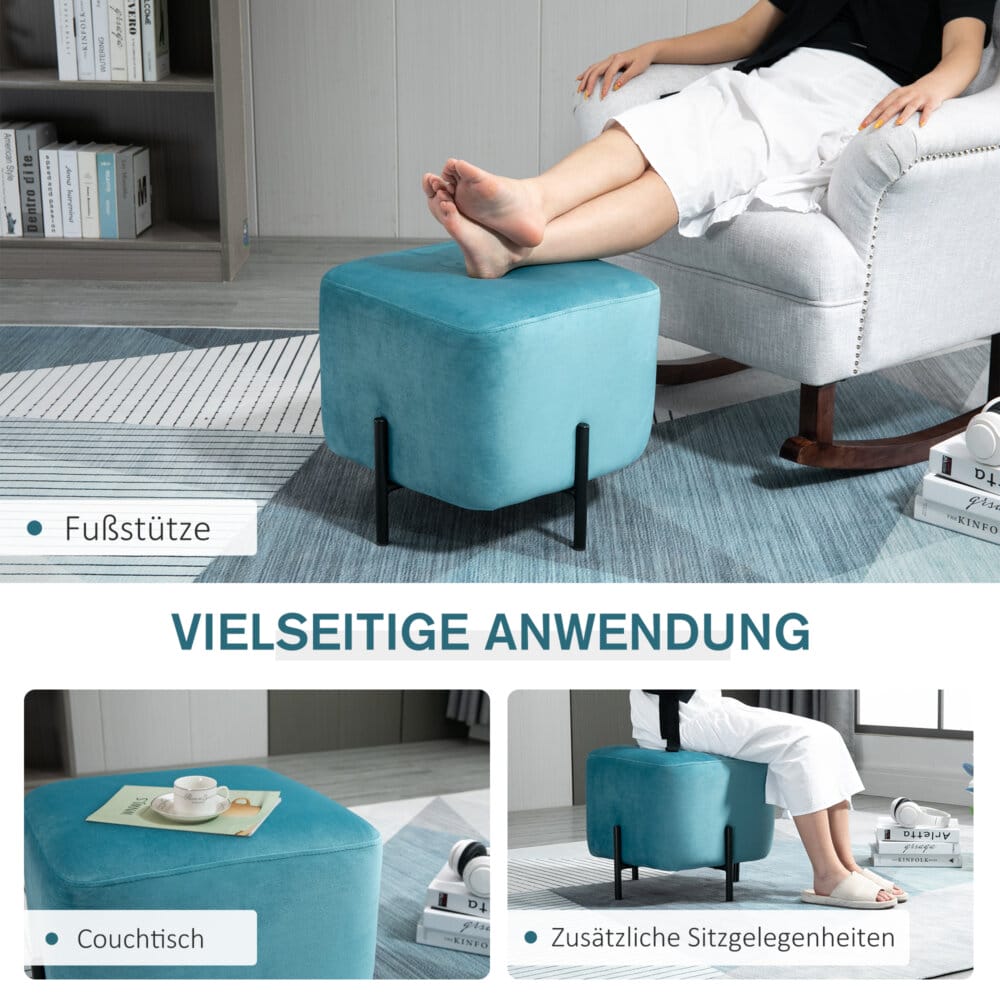 Ein türkisfarbener, gepolsterter Fusshocker mit Stahlrahmen.