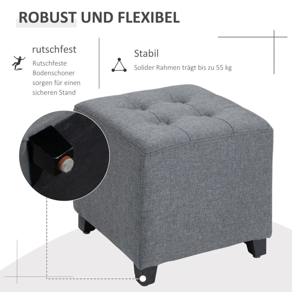 Ein grauer, quadratischer Fusshocker in Leinenoptik, Maße 35x35x35cm.