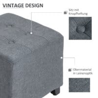 Ein grauer, quadratischer Fusshocker in Leinenoptik, Maße 35x35x35cm.