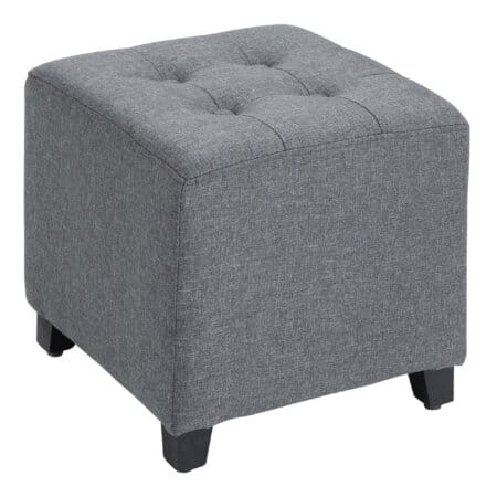 Ein grauer, quadratischer Fusshocker in Leinenoptik, Maße 35x35x35cm.