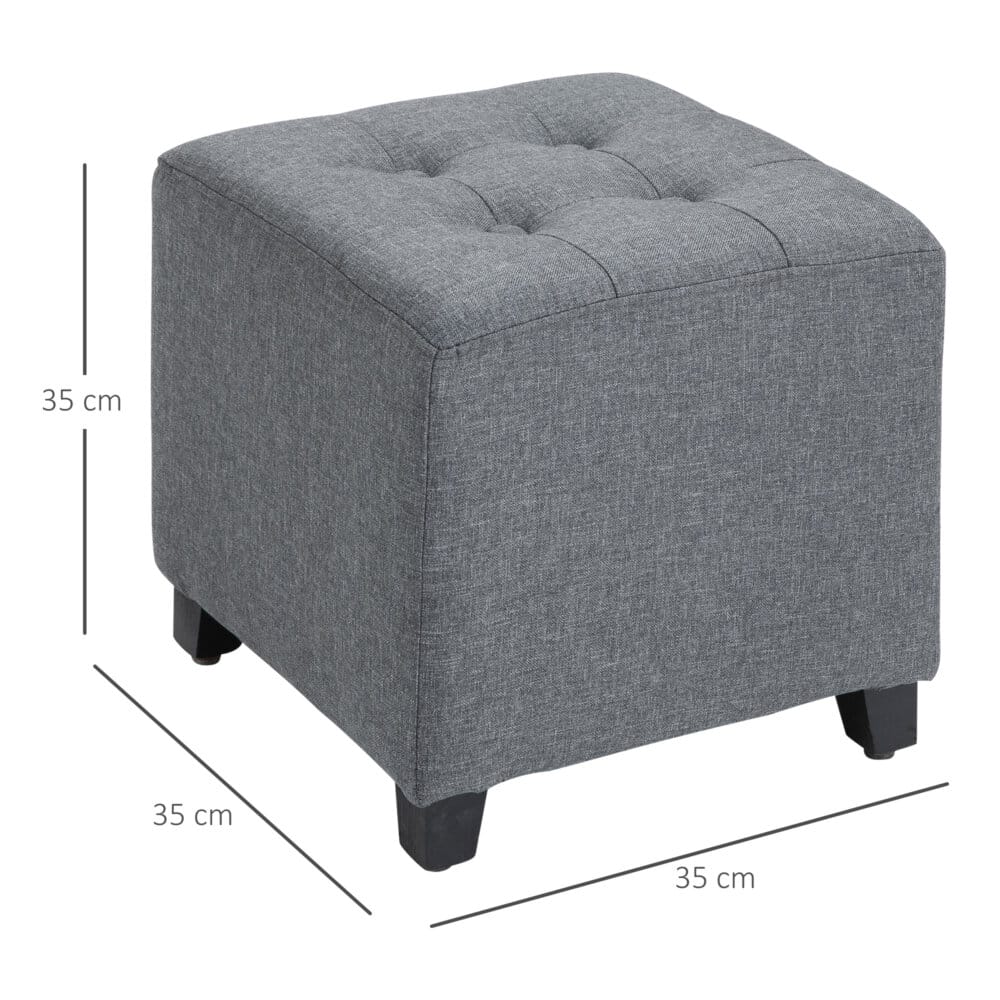 Ein grauer, quadratischer Fusshocker in Leinenoptik, Maße 35x35x35cm.