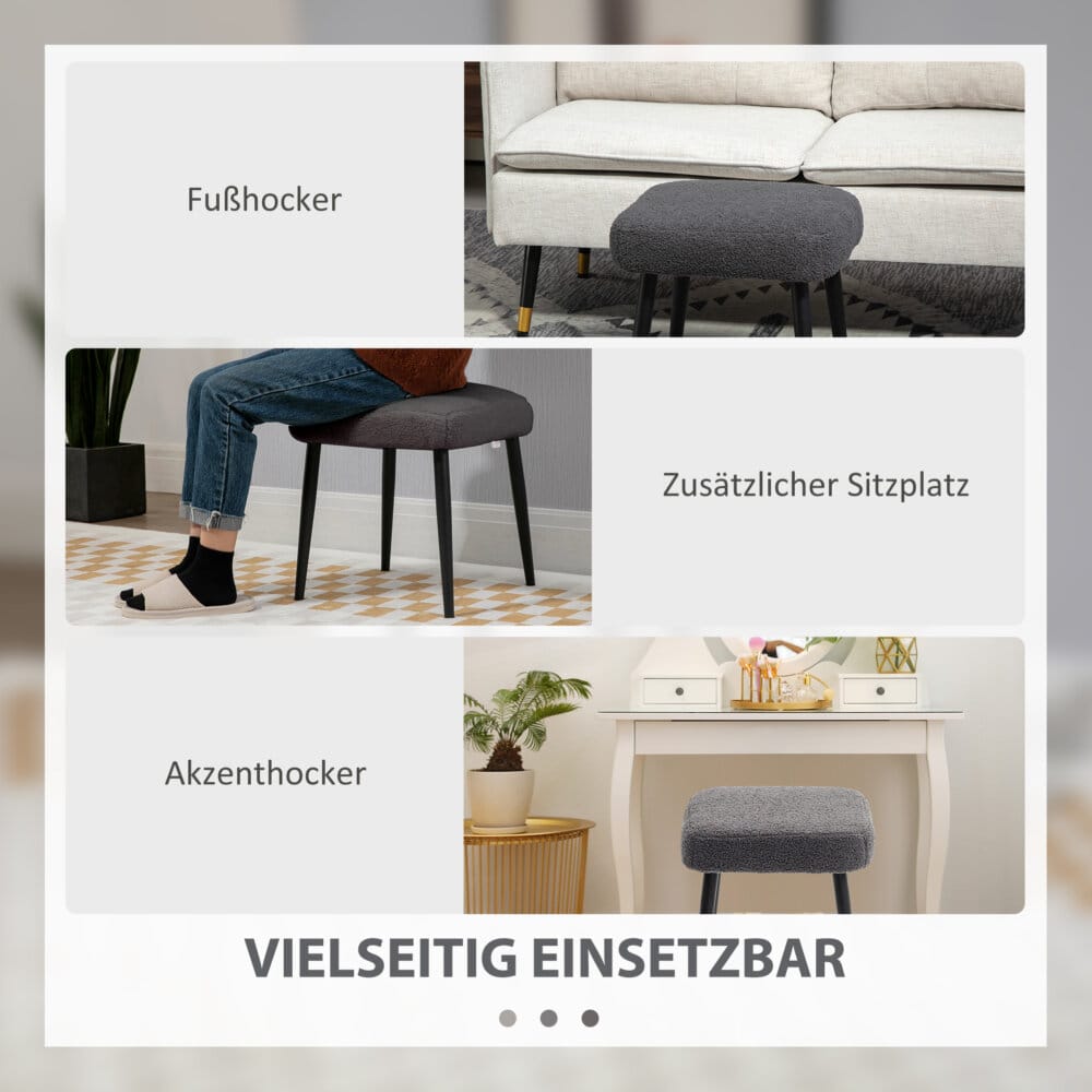 Ein dunkelgrauer, quadratischer Fusshocker in Kaschmir-Optik mit Stahlbeinen.