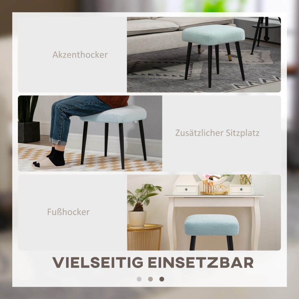 Ein hellblauer, quadratischer Fusshocker in Kaschmir-Optik mit Stahlbeinen.