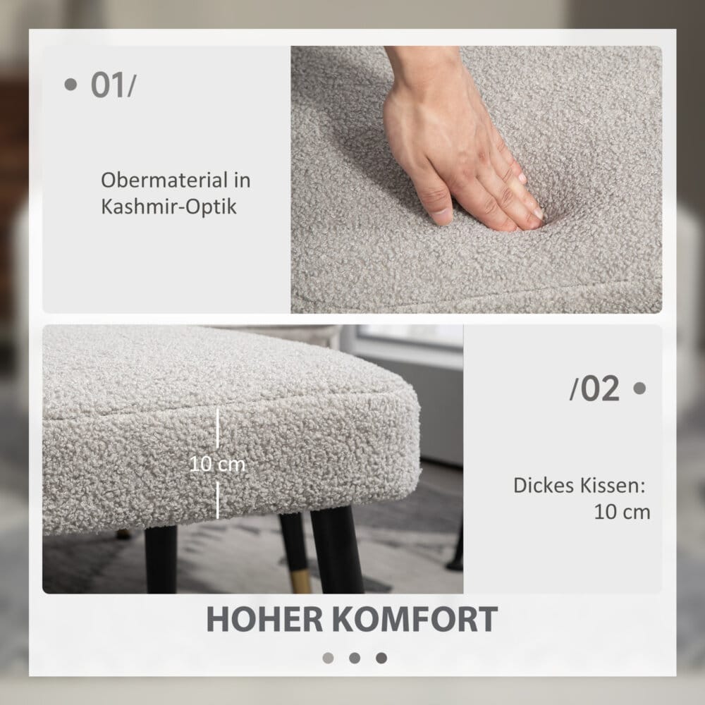 Ein hellgrauer, quadratischer Fusshocker in Kaschmir-Optik mit Stahlbeinen.