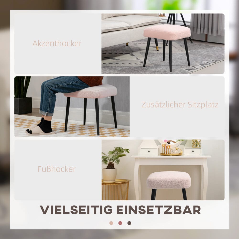 Ein rosa, quadratischer Fusshocker in Kaschmir-Optik mit Stahlbeinen.
