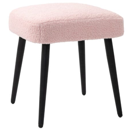 Ein rosa, quadratischer Fusshocker in Kaschmir-Optik mit Stahlbeinen.