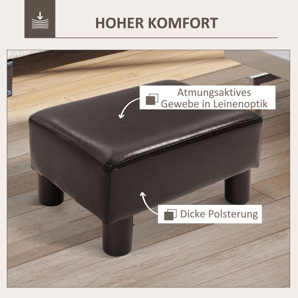 Ein brauner, rechteckiger Fusshocker aus Kunstleder, belastbar bis 100kg.