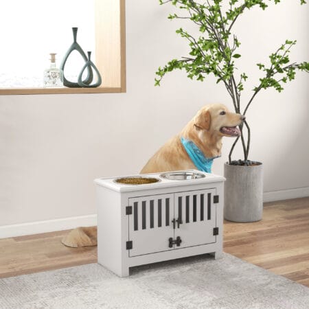 Weiße Futterstation mit 2L Edelstahlschale für große Hunde.