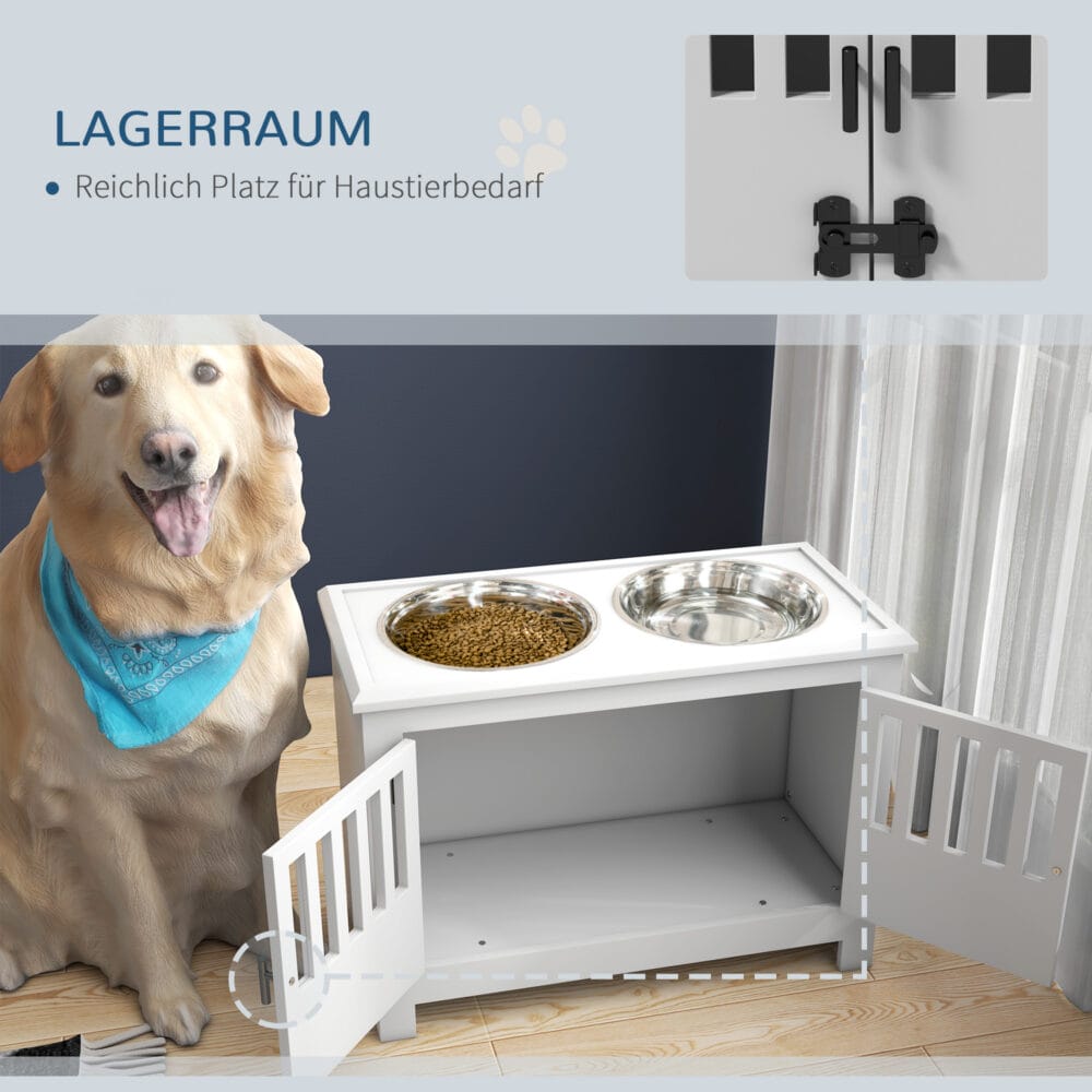 Weiße Futterstation mit 2L Edelstahlschale für große Hunde.