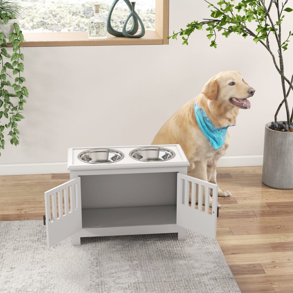 Weiße Futterstation mit 2L Edelstahlschale für große Hunde.