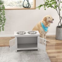 Weiße Futterstation mit 2L Edelstahlschale für große Hunde.