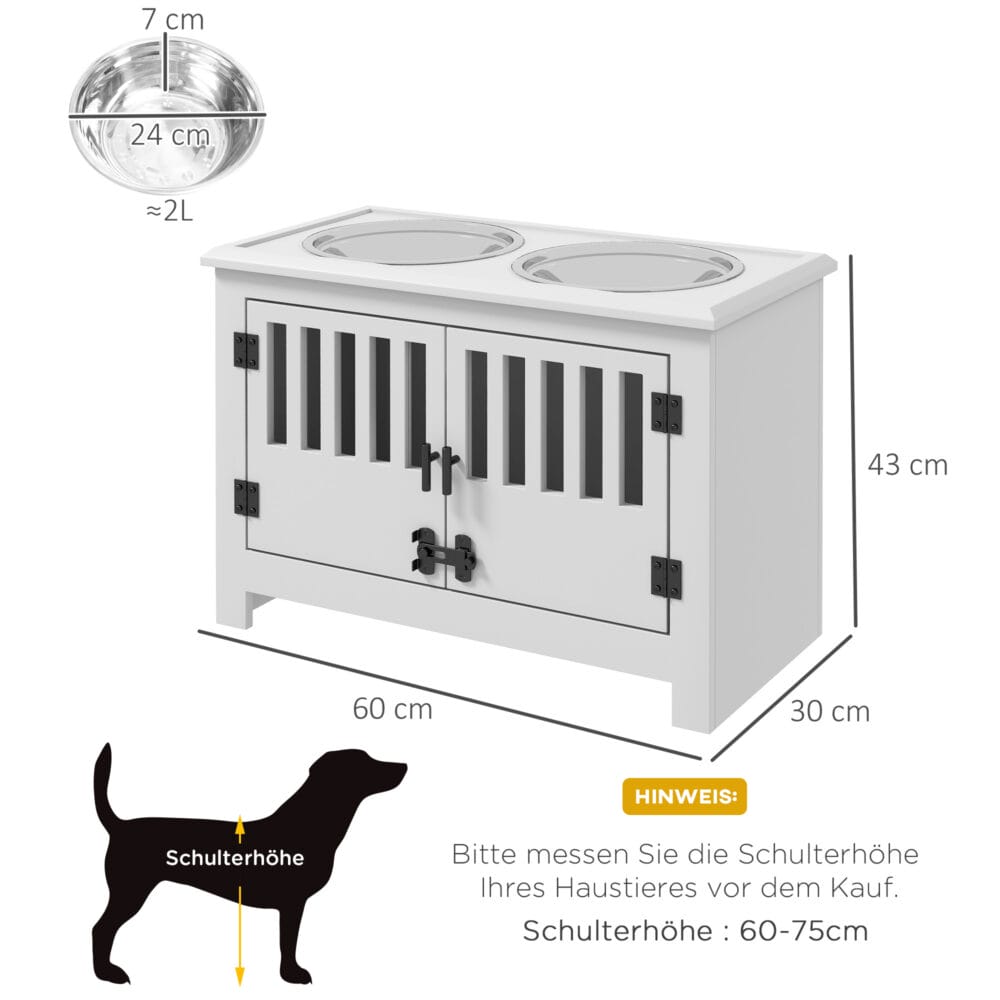 Weiße Futterstation mit 2L Edelstahlschale für große Hunde.