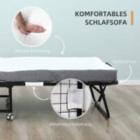 Gästebett Klappbett mit Rollen Weiss schwarz 200x75x425cm