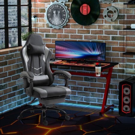Gaming Sessel ergonomisch mit Kopfstütze & Fussstützen Schwarz – Produktfoto zeigt modernes Design, hochwertige Materialien und funktionale Eigenschaften ideal für Wohn- oder Arbeitsbereiche. Perfekt als Einrichtungsinspiration oder zur Produktpräsentation in einem Onlineshop.