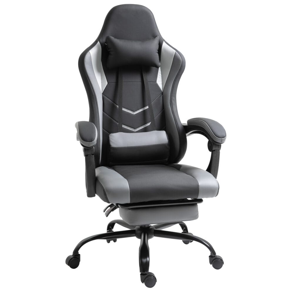 Gaming Sessel ergonomisch mit Kopfstütze & Fussstützen Schwarz – Produktfoto zeigt modernes Design, hochwertige Materialien und funktionale Eigenschaften ideal für Wohn- oder Arbeitsbereiche. Perfekt als Einrichtungsinspiration oder zur Produktpräsentation in einem Onlineshop.