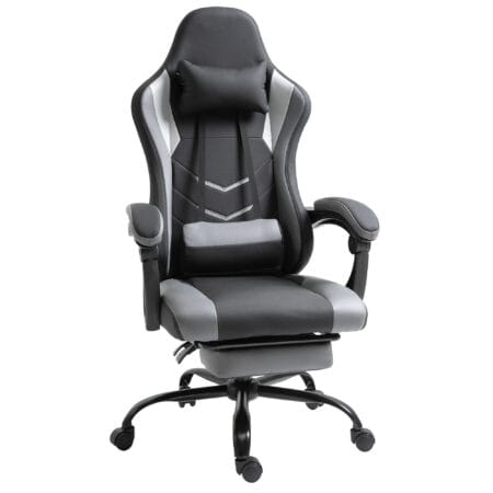 Gaming Sessel ergonomisch mit Kopfstütze & Fussstützen Schwarz – Produktfoto zeigt modernes Design, hochwertige Materialien und funktionale Eigenschaften ideal für Wohn- oder Arbeitsbereiche. Perfekt als Einrichtungsinspiration oder zur Produktpräsentation in einem Onlineshop.