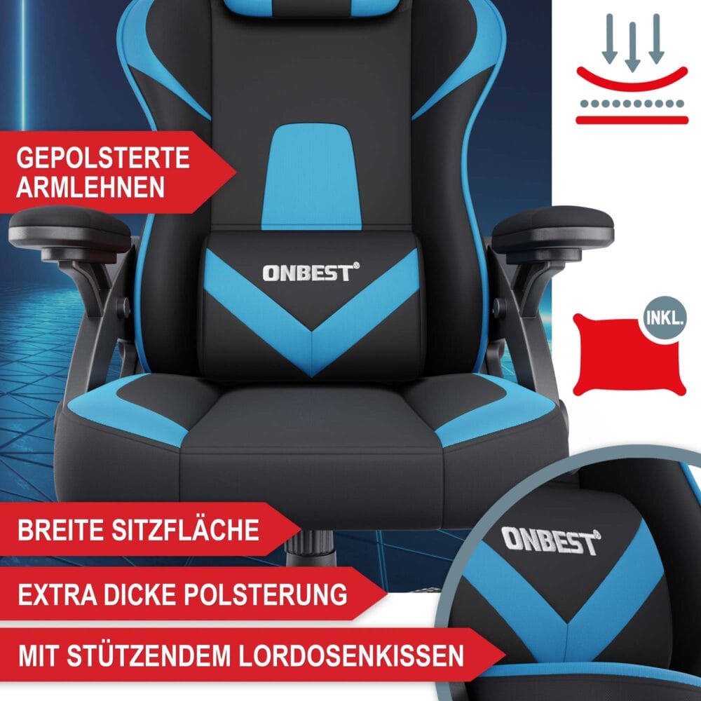 Gaming Stuhl, ergonomisch, 150kg belastbar, inklusive Nackenkissen und Lordosenkissen.