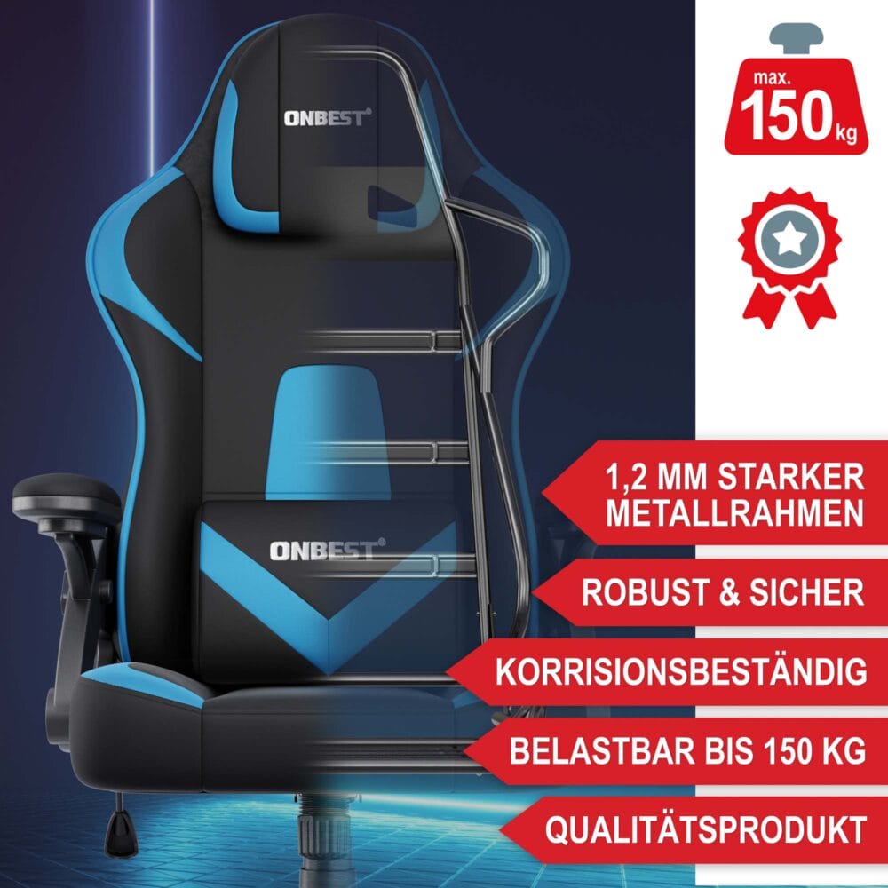 Gaming Stuhl, ergonomisch, 150kg belastbar, inklusive Nackenkissen und Lordosenkissen.