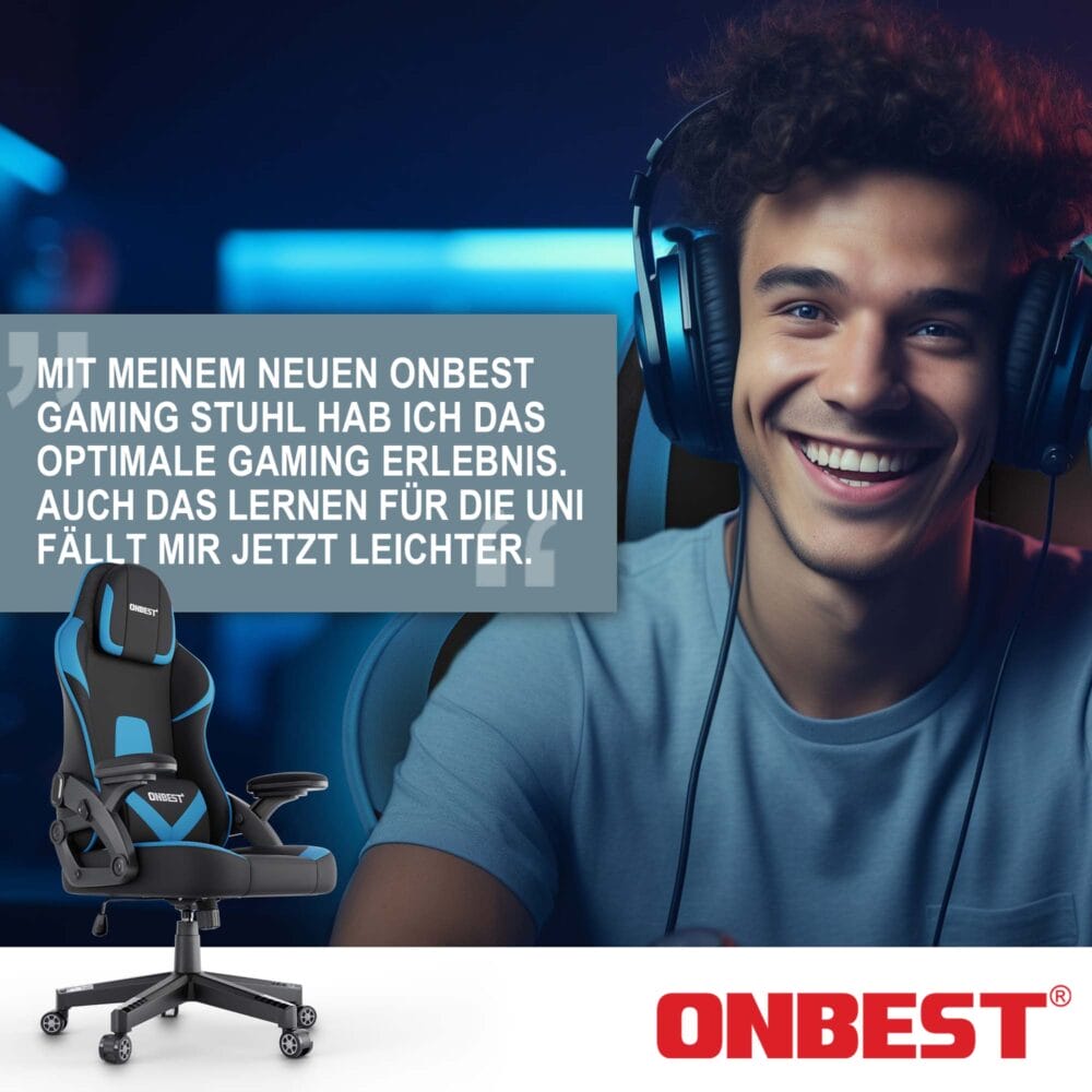 Gaming Stuhl, ergonomisch, 150kg belastbar, inklusive Nackenkissen und Lordosenkissen.
