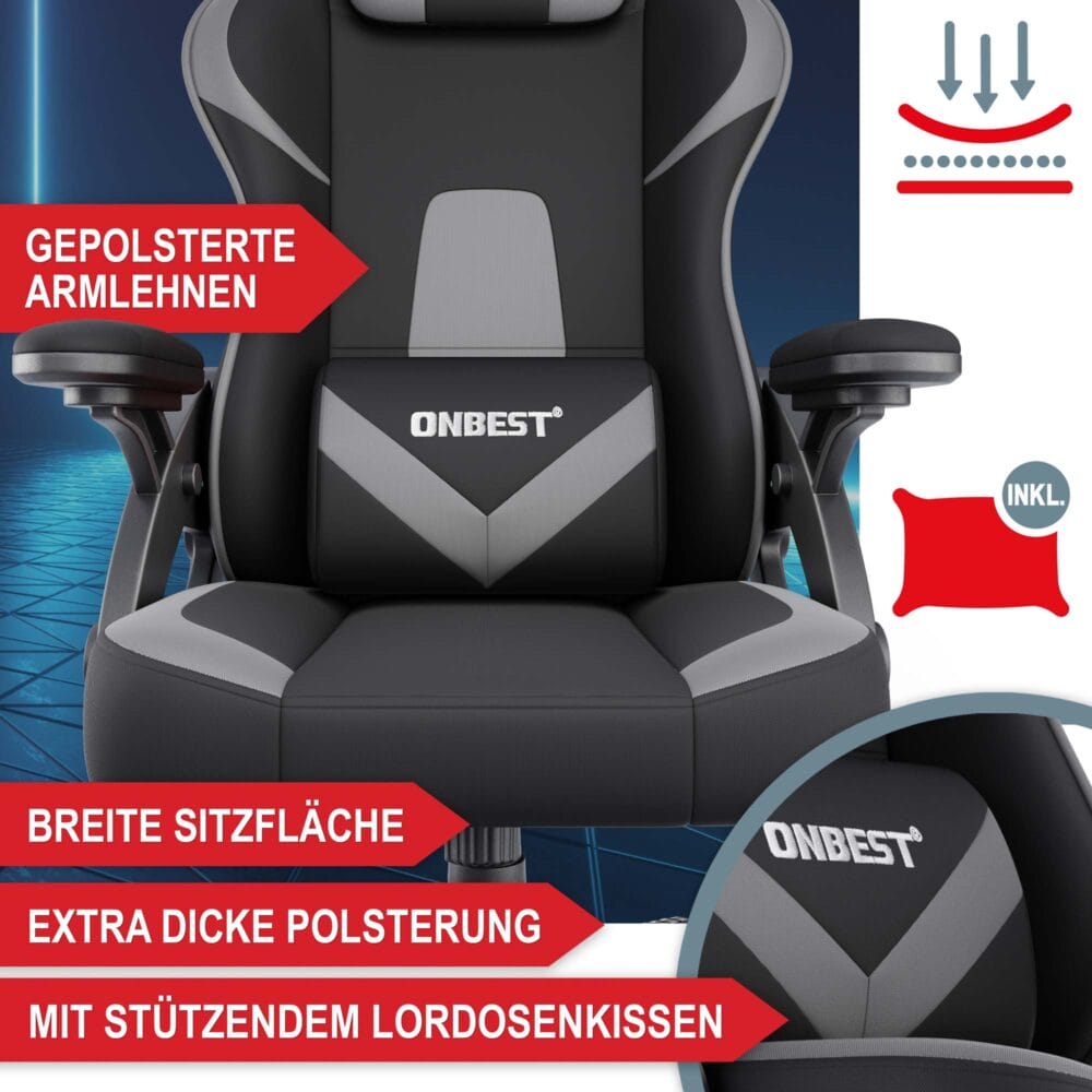 Robuster Gaming Stuhl mit ergonomischem Design, Nacken- und Lordosenstütze, für bis zu 150kg.