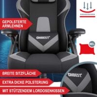 Robuster Gaming Stuhl mit ergonomischem Design, Nacken- und Lordosenstütze, für bis zu 150kg.