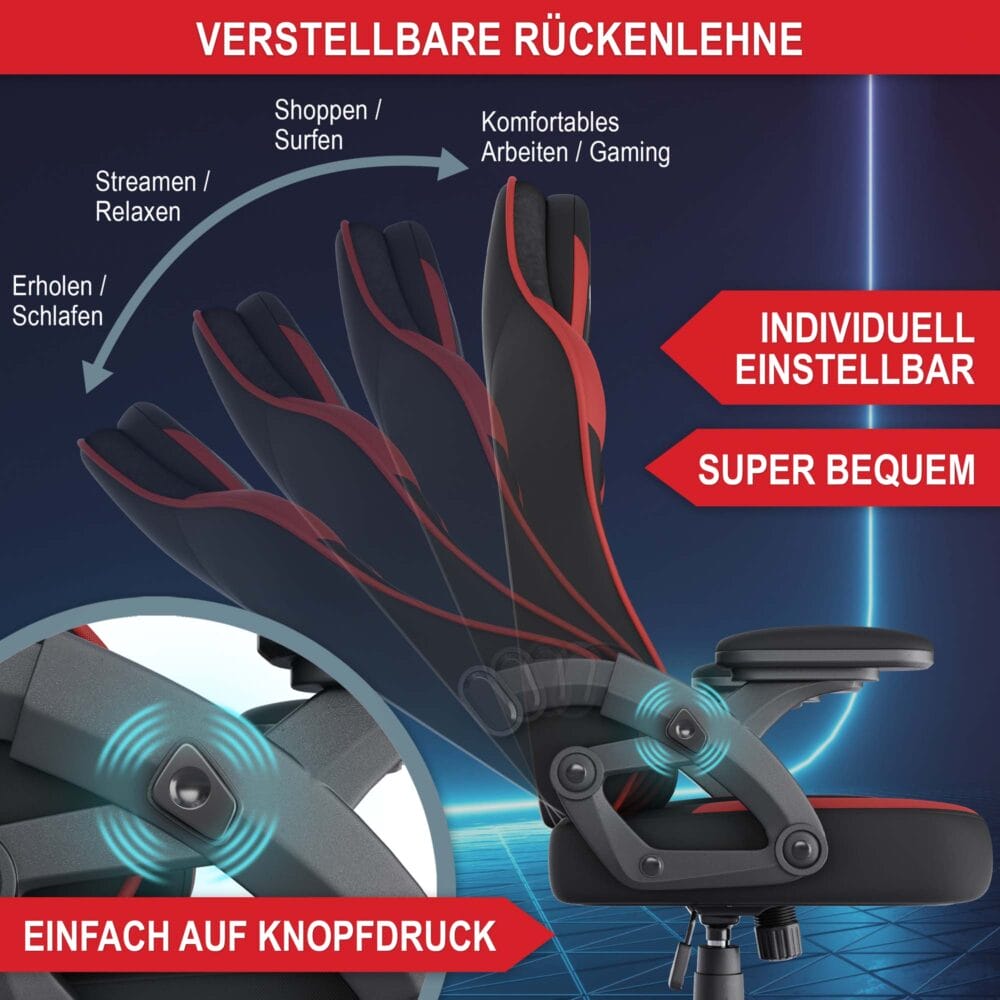 Ergonomischer Gaming Stuhl mit Nacken- und Lordosenkissen, belastbar bis 150kg.