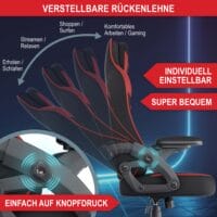 Ergonomischer Gaming Stuhl mit Nacken- und Lordosenkissen, belastbar bis 150kg.