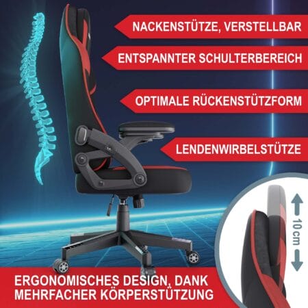 Ergonomischer Gaming Stuhl mit Nacken- und Lordosenkissen, belastbar bis 150kg.