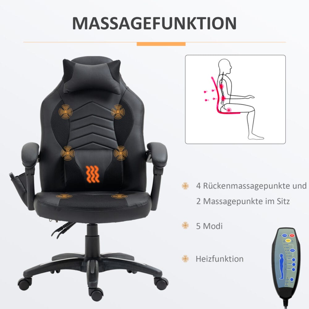 Gaming Stuhl mit Wärmefunktion & 6 Vibrationspunkten – Produktfoto zeigt modernes Design, hochwertige Materialien und funktionale Eigenschaften ideal für Wohn- oder Arbeitsbereiche. Perfekt als Einrichtungsinspiration oder zur Produktpräsentation in einem Onlineshop.