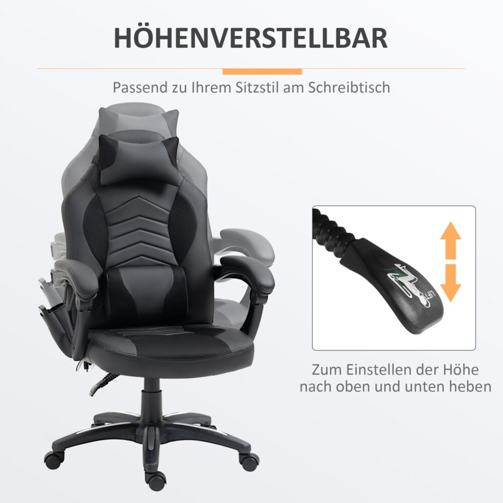 Gaming Stuhl mit Wärmefunktion & 6 Vibrationspunkten – Produktfoto zeigt modernes Design, hochwertige Materialien und funktionale Eigenschaften ideal für Wohn- oder Arbeitsbereiche. Perfekt als Einrichtungsinspiration oder zur Produktpräsentation in einem Onlineshop.