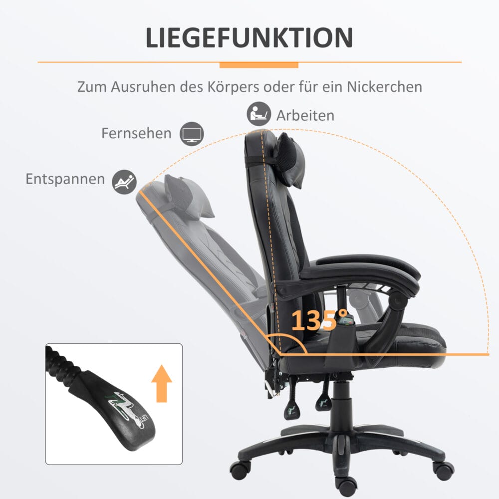 Gaming Stuhl mit Wärmefunktion & 6 Vibrationspunkten – Produktfoto zeigt modernes Design, hochwertige Materialien und funktionale Eigenschaften ideal für Wohn- oder Arbeitsbereiche. Perfekt als Einrichtungsinspiration oder zur Produktpräsentation in einem Onlineshop.