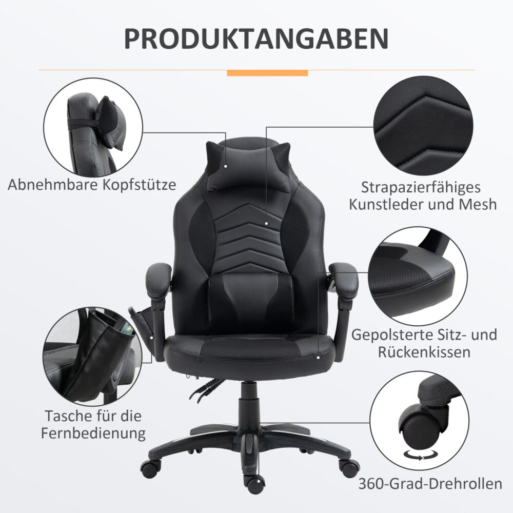 Gaming Stuhl mit Wärmefunktion & 6 Vibrationspunkten – Produktfoto zeigt modernes Design, hochwertige Materialien und funktionale Eigenschaften ideal für Wohn- oder Arbeitsbereiche. Perfekt als Einrichtungsinspiration oder zur Produktpräsentation in einem Onlineshop.