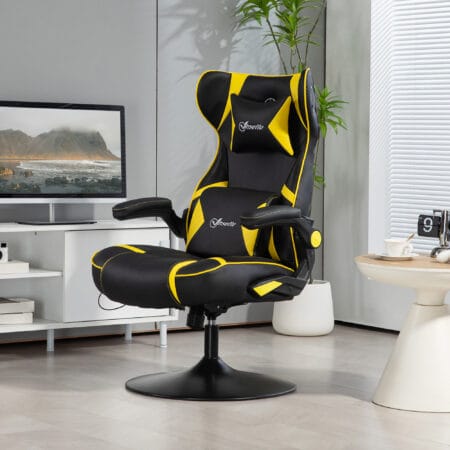 Gamingstuhl ergonomisch mit Lautsprecher & Wippfunktion Schwarz & Gelb – Produktfoto zeigt modernes Design, hochwertige Materialien und funktionale Eigenschaften ideal für Wohn- oder Arbeitsbereiche. Perfekt als Einrichtungsinspiration oder zur Produktpräsentation in einem Onlineshop.