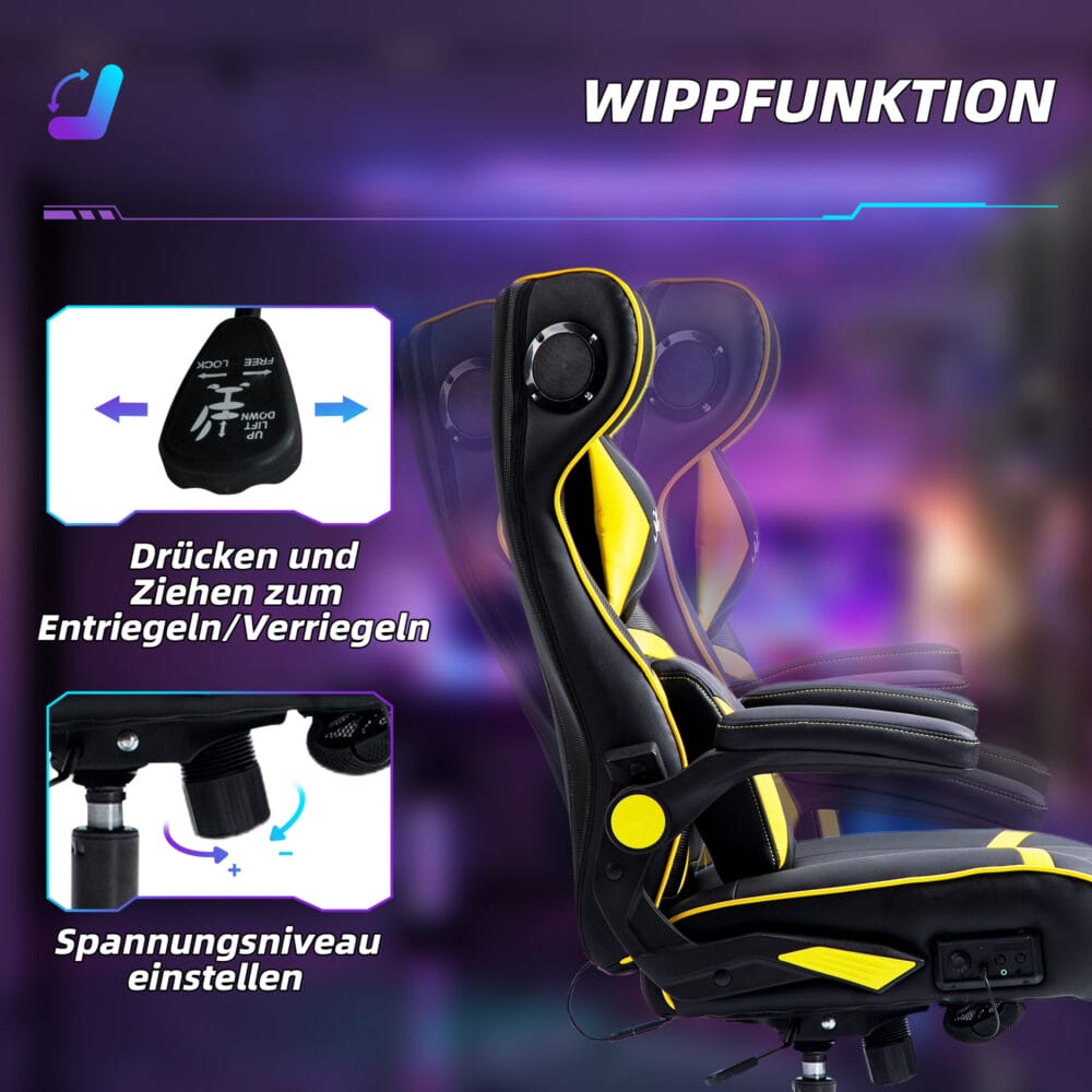 Gamingstuhl ergonomisch mit Lautsprecher & Wippfunktion Schwarz & Gelb – Produktfoto zeigt modernes Design, hochwertige Materialien und funktionale Eigenschaften ideal für Wohn- oder Arbeitsbereiche. Perfekt als Einrichtungsinspiration oder zur Produktpräsentation in einem Onlineshop.