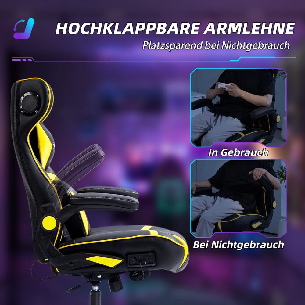 Gamingstuhl ergonomisch mit Lautsprecher & Wippfunktion Schwarz & Gelb – Produktfoto zeigt modernes Design, hochwertige Materialien und funktionale Eigenschaften ideal für Wohn- oder Arbeitsbereiche. Perfekt als Einrichtungsinspiration oder zur Produktpräsentation in einem Onlineshop.