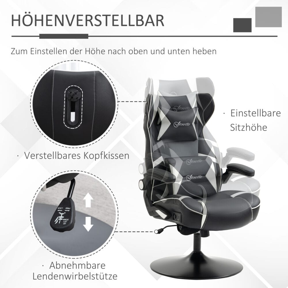 Gamingstuhl ergonomisch und höhenverstellbar Weiss – Produktfoto zeigt modernes Design, hochwertige Materialien und funktionale Eigenschaften ideal für Wohn- oder Arbeitsbereiche. Perfekt als Einrichtungsinspiration oder zur Produktpräsentation in einem Onlineshop.