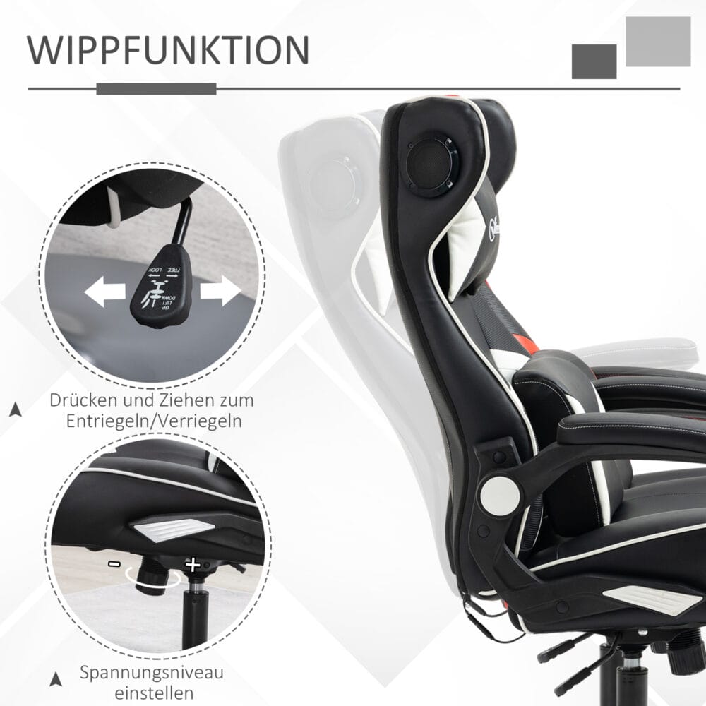 Gamingstuhl ergonomisch und höhenverstellbar Weiss – Produktfoto zeigt modernes Design, hochwertige Materialien und funktionale Eigenschaften ideal für Wohn- oder Arbeitsbereiche. Perfekt als Einrichtungsinspiration oder zur Produktpräsentation in einem Onlineshop.