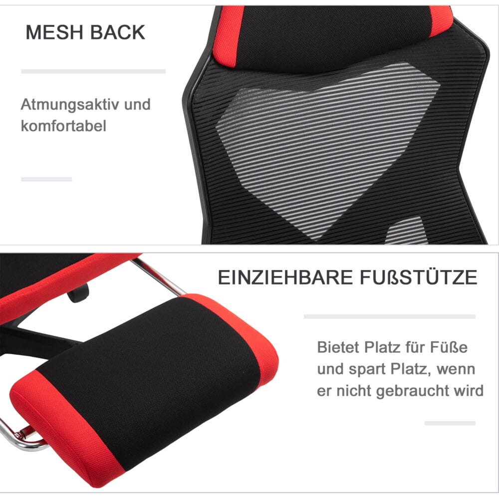 Gamingstuhl mit Fussstütze höhenverstellbar Schwarz-Rot – Produktfoto zeigt modernes Design, hochwertige Materialien und funktionale Eigenschaften ideal für Wohn- oder Arbeitsbereiche. Perfekt als Einrichtungsinspiration oder zur Produktpräsentation in einem Onlineshop.