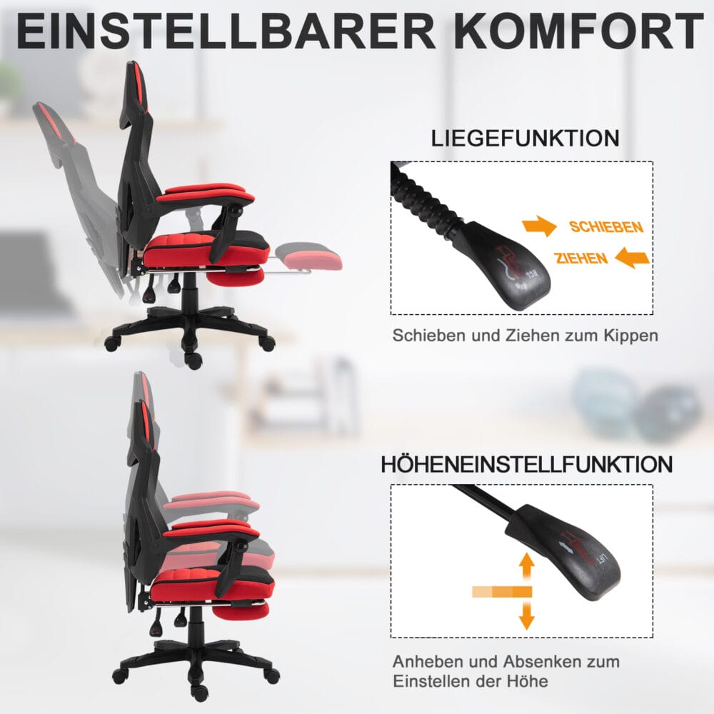 Gamingstuhl mit Fussstütze höhenverstellbar Schwarz-Rot – Produktfoto zeigt modernes Design, hochwertige Materialien und funktionale Eigenschaften ideal für Wohn- oder Arbeitsbereiche. Perfekt als Einrichtungsinspiration oder zur Produktpräsentation in einem Onlineshop.