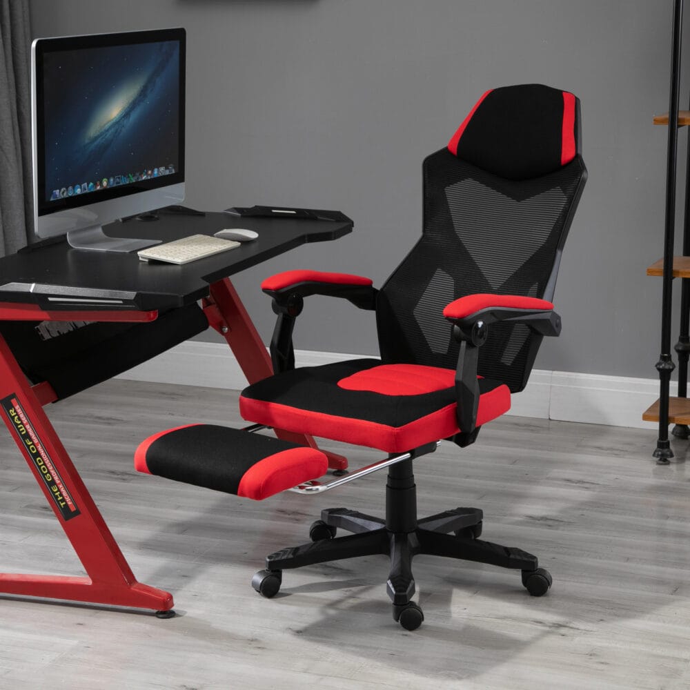 Gamingstuhl mit Fussstütze höhenverstellbar Schwarz-Rot – Produktfoto zeigt modernes Design, hochwertige Materialien und funktionale Eigenschaften ideal für Wohn- oder Arbeitsbereiche. Perfekt als Einrichtungsinspiration oder zur Produktpräsentation in einem Onlineshop.
