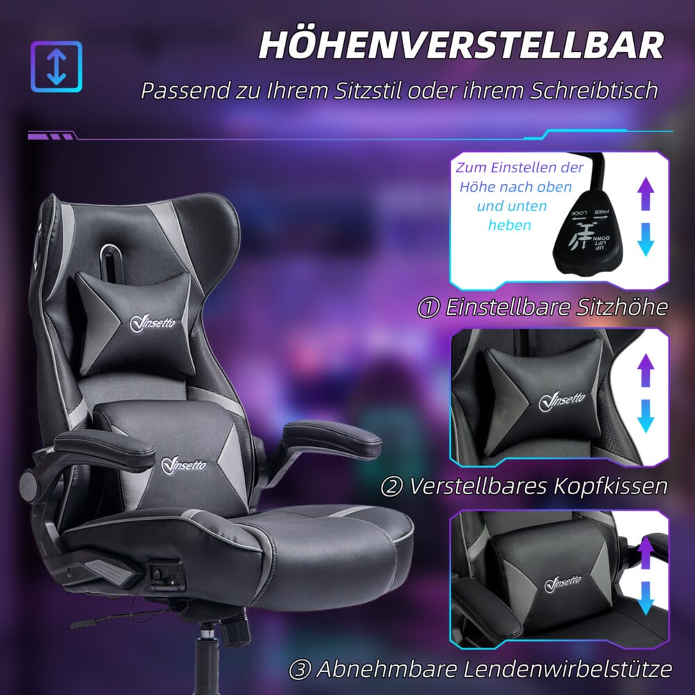 Gamingstuhl mit Lautsprecher & Wippfunktion bis 120kg Schwarz & Grau – Produktfoto zeigt modernes Design, hochwertige Materialien und funktionale Eigenschaften ideal für Wohn- oder Arbeitsbereiche. Perfekt als Einrichtungsinspiration oder zur Produktpräsentation in einem Onlineshop.